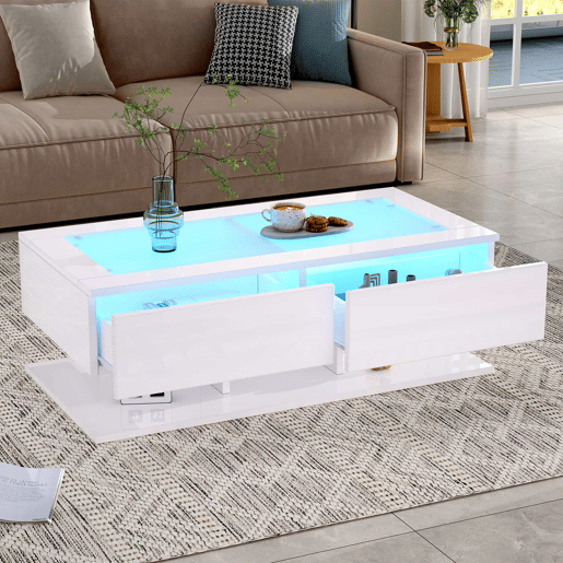 Mesa de centro 100x50x35 cm - Sofá com gavetas, mesa com LED e vidro - Branco