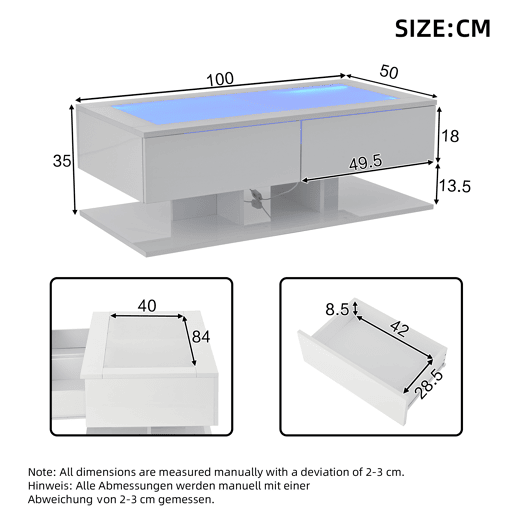 Mesa de centro 100x50x35 cm - Sofá com gavetas, mesa com LED e vidro - Branco