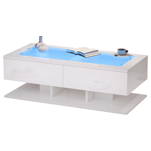 Mesa de centro 100x50x35 cm - Sofá com gavetas, mesa com LED e vidro - Branco