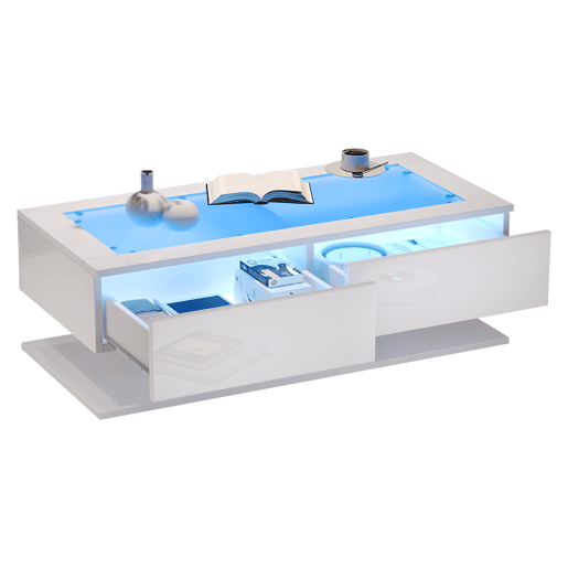 Mesa de centro 100x50x35 cm - Sofá com gavetas, mesa com LED e vidro - Branco