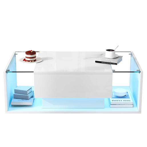 Mesa de centro 100x50x31 cm - Mesa de café com 1 gaveta e luz LED - Branca