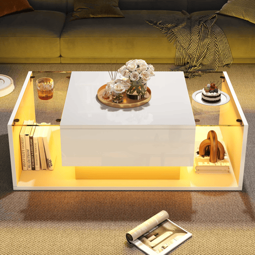 Mesa de centro 100x50x31 cm - Mesa de café com 1 gaveta e luz LED - Branca