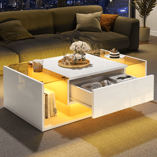 Mesa de centro 100x50x31 cm - Mesa de café com 1 gaveta e luz LED - Branca