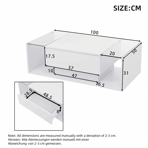 Mesa de centro 100x50x31 cm - Mesa de café com 1 gaveta e luz LED - Branca