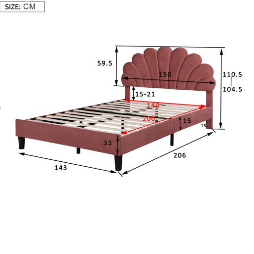 Cama de criança,cama de casal de veludo 140x200 cm,vermelho