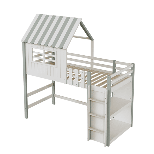 Cama de criança,cama alta de madeira maciça 90x200 cm,verde+branco