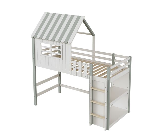 Cama infantil,cama alta de madera maciza 90x200 cm,verde+blanco
