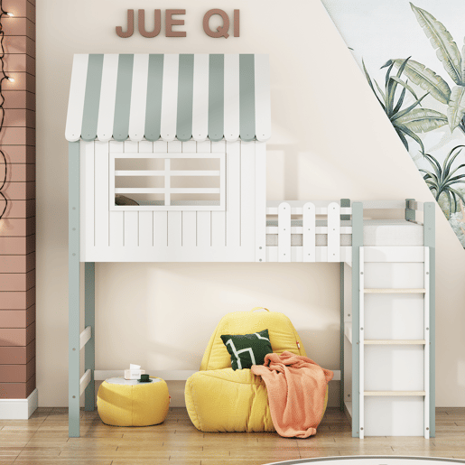 Cama de criança,cama alta de madeira maciça 90x200 cm,verde+branco