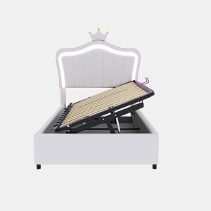Cama de criança,cama de solteiro de couro sintético 90x200 cm com armazenamento e luz led,branco