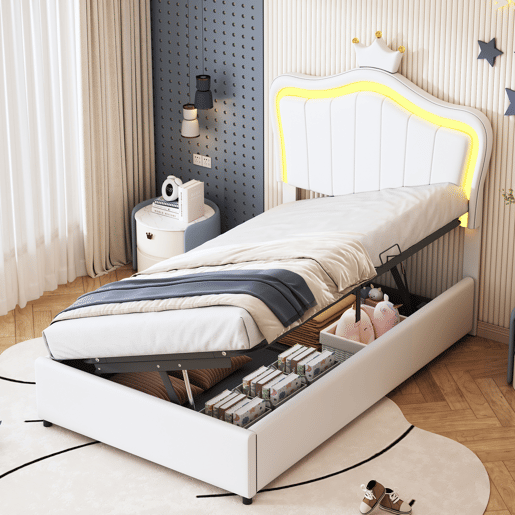 Cama de criança,cama de solteiro de couro sintético 90x200 cm com armazenamento e luz led,branco