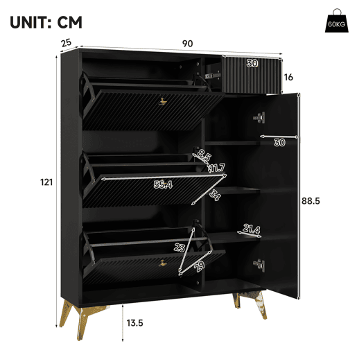 Sapateira de painel de partículas com 1 porta e 3 tabuleiros,preto