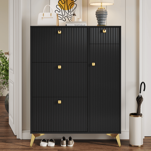 Sapateira de painel de partículas com 1 porta e 3 tabuleiros,preto