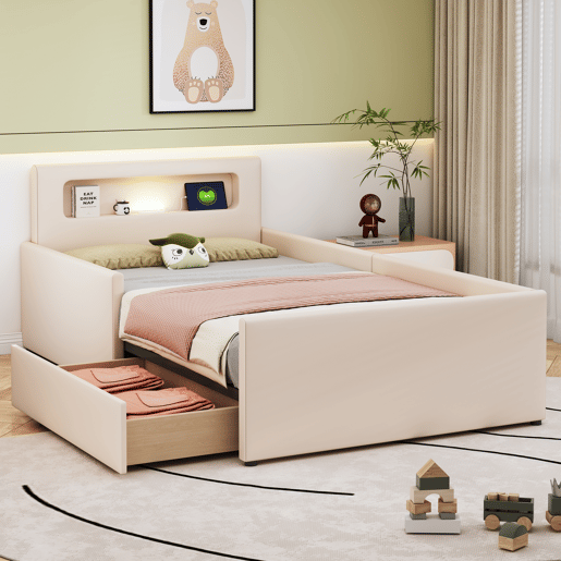 Cama de criança,cama de solteiro de couro sintético 90x200 cm,bege