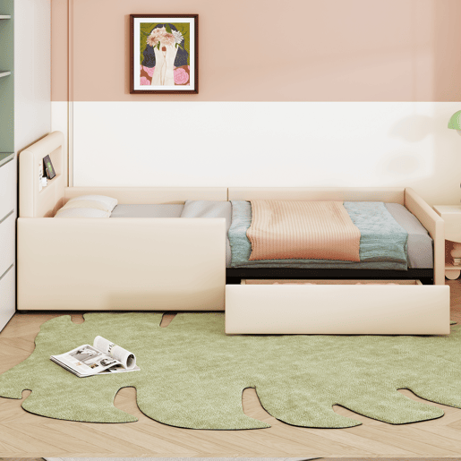 Cama de criança,cama de solteiro de couro sintético 90x200 cm,bege