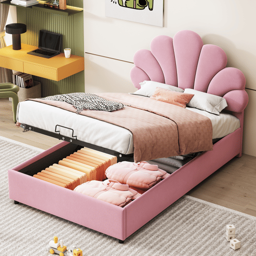 Cama de criança,cama de solteiro de veludo 90x200 cm com armazenamento,rosa