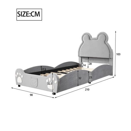 Cama de criança,cama de solteiro de veludo 90x200 cm,cinza