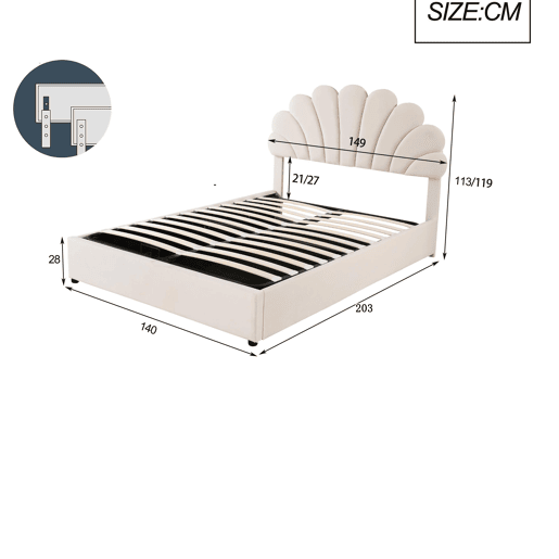 Cama de criança,cama de casal de veludo 140x200 cm com armazenamento,bege