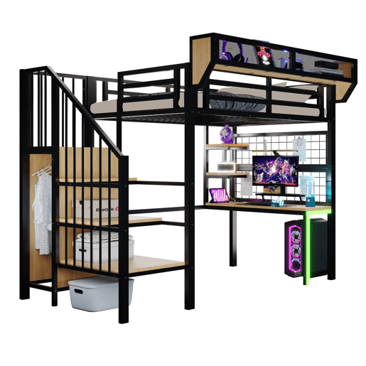 Cama de criança,cama alta de metal 90x200 cm com luz led,preto