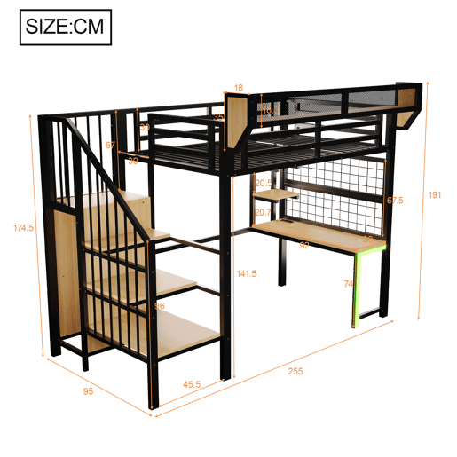 Cama de criança,cama alta de metal 90x200 cm com luz led,preto