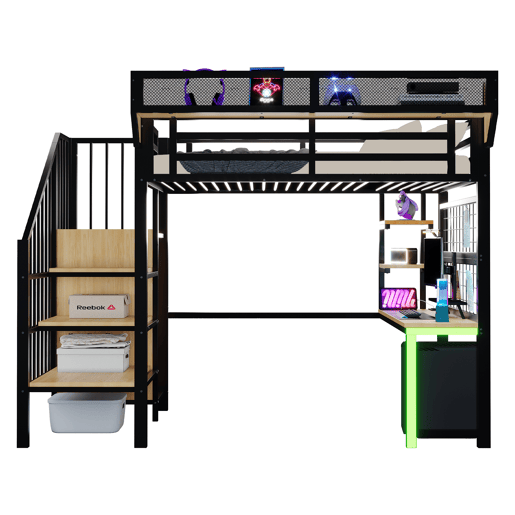 Cama de criança,cama alta de metal 90x200 cm com luz led,preto