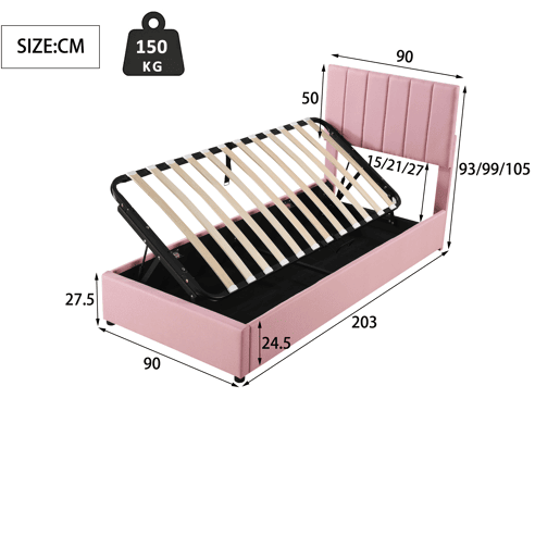 Cama de criança,cama de solteiro de linho 90x200 cm com armazenamento,rosa