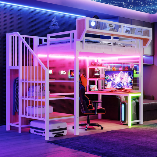 Cama de criança,cama alta de metal 90x200 cm com luz led,branco