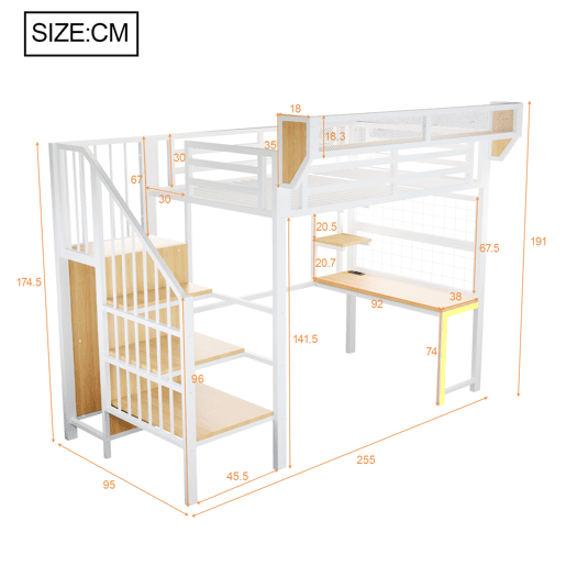 Cama de criança,cama alta de metal 90x200 cm com luz led,branco