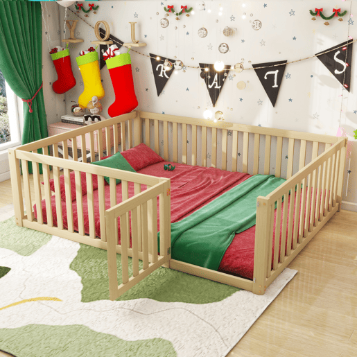 Cama de criança,cama de casal de madeira maciça 140x200 cm,natural