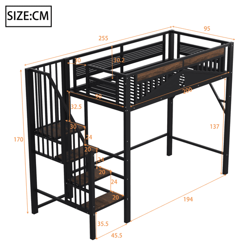 Cama de criança,cama alta de metal 90x200 cm,preto