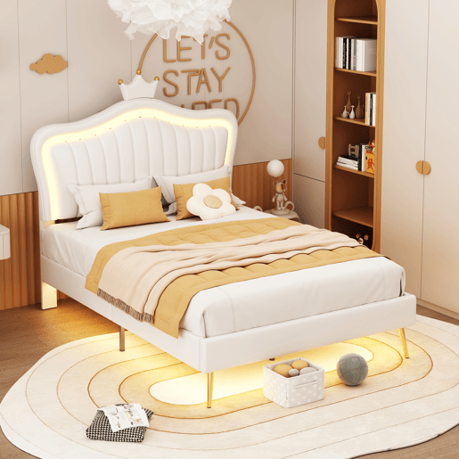 Cama de criança,cama de solteiro de tecido 90x200 cm com luz led,branco