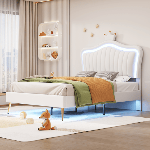 Cama de criança,cama de solteiro de tecido 90x200 cm com luz led,branco