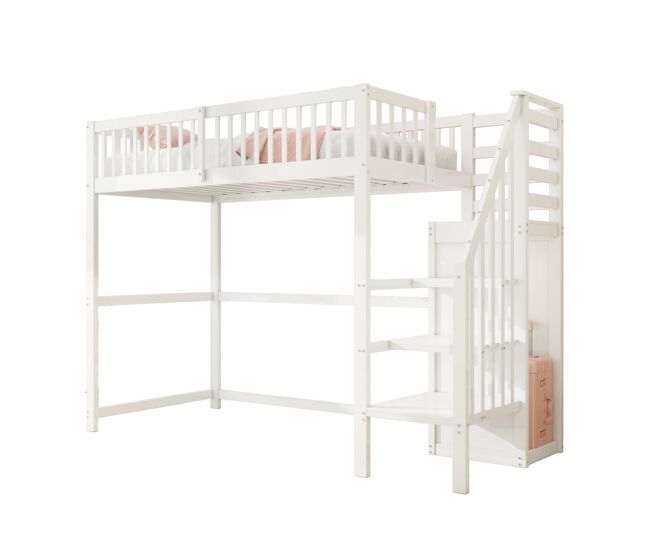 Cama infantil,cama alta de madera maciza 90x200 cm,blanco
