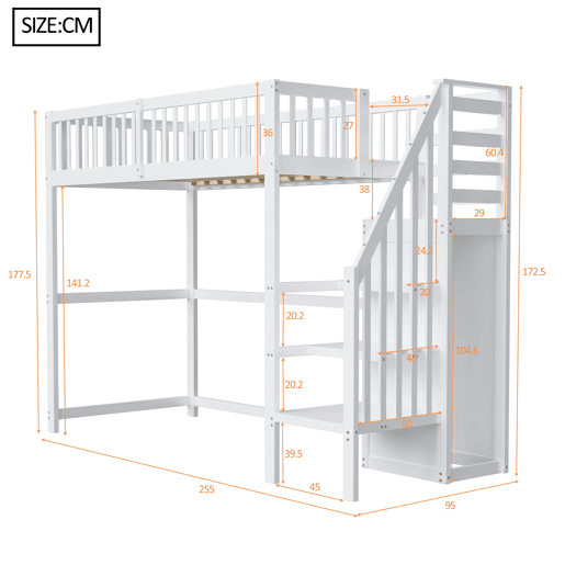 Cama de criança,cama alta de madeira maciça 90x200 cm,branco
