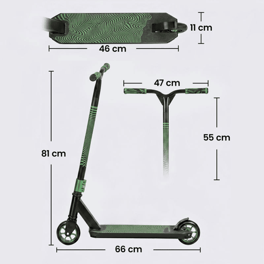 SPORTNOW Trotinete Acrobática Trotinete Freestyle com Guiador 360° Rolamentos ABEC-9 Rodas de PU de 120 mm Estrutura de Alumínio Aço Antiderrapante para Adolescentes Adultos para Skatepark 66x47x81 cm Verde