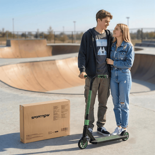 SPORTNOW Trotinete Acrobática Trotinete Freestyle com Guiador 360° Rolamentos ABEC-9 Rodas de PU de 120 mm Estrutura de Alumínio Aço Antiderrapante para Adolescentes Adultos para Skatepark 66x47x81 cm Verde
