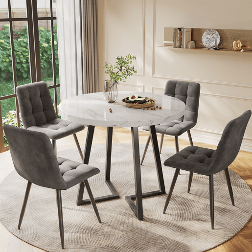Conjunto de sala de jantar de 5 peças 80 cm - mesa redonda com pernas metálicas pretas - cadeiras de veludo cinzento