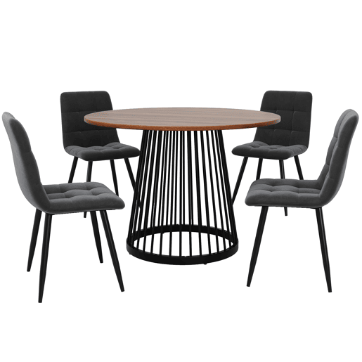 Conjunto de mesa e cadeiras 5 peças - Mesa redonda 80 cm, estrutura metálica preta, cadeiras de veludo