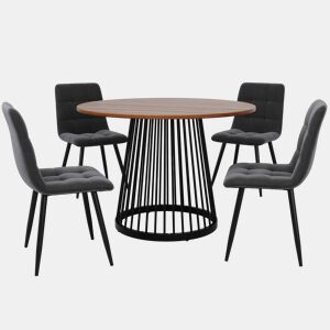 Conjunto de mesa e cadeiras 5 peças - Mesa redonda 80 cm, estrutura metálica preta, cadeiras de veludo