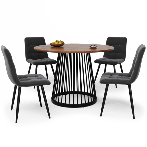 Conjunto de mesa e cadeiras 5 peças - Mesa redonda 80 cm, estrutura metálica preta, cadeiras de veludo