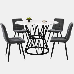 Conjunto de mesa e cadeiras 5 peças 100 cm - Mesa redonda com pernas metálicas pretas e cadeiras de veludo cinzento