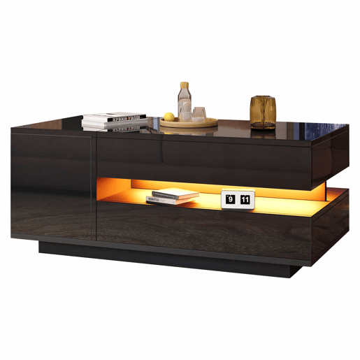 Mesa de centro 95x50x40 cm - elevável, LED, 1 gaveta, 1 armário, arrumação oculta - Preto