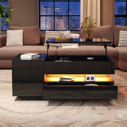 Mesa de centro 95x50x40 cm - elevável, LED, 1 gaveta, 1 armário, arrumação oculta - Preto