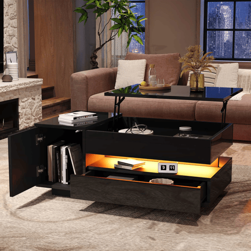 Mesa de centro 95x50x40 cm - elevável, LED, 1 gaveta, 1 armário, arrumação oculta - Preto