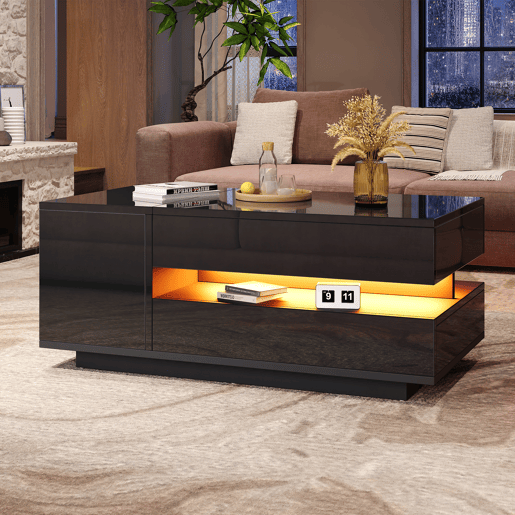 Mesa de centro 95x50x40 cm - elevável, LED, 1 gaveta, 1 armário, arrumação oculta - Preto