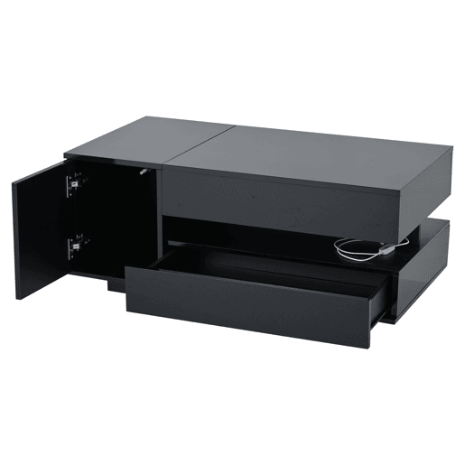 Mesa de centro 95x50x40 cm - elevável, LED, 1 gaveta, 1 armário, arrumação oculta - Preto