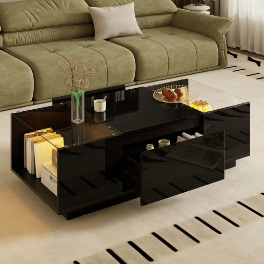 Mesa de centro 105 cm - Minimalista, com arrumação, iluminação LED, vidro, 2 gavetas - Preta