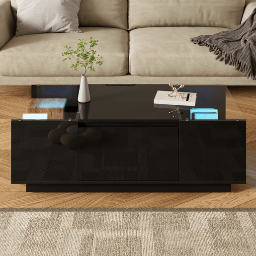 Mesa de centro 105 cm - Minimalista, com arrumação, iluminação LED, vidro, 2 gavetas - Preta