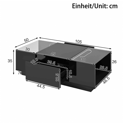 Mesa de centro 105 cm - Minimalista, com arrumação, iluminação LED, vidro, 2 gavetas - Preta