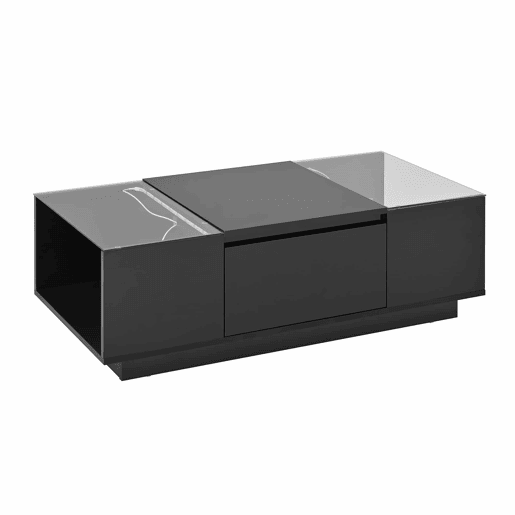 Mesa de centro 105 cm - Minimalista, com arrumação, iluminação LED, vidro, 2 gavetas - Preta