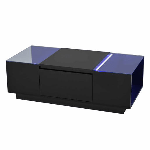 Mesa de centro 105 cm - Minimalista, com arrumação, iluminação LED, vidro, 2 gavetas - Preta
